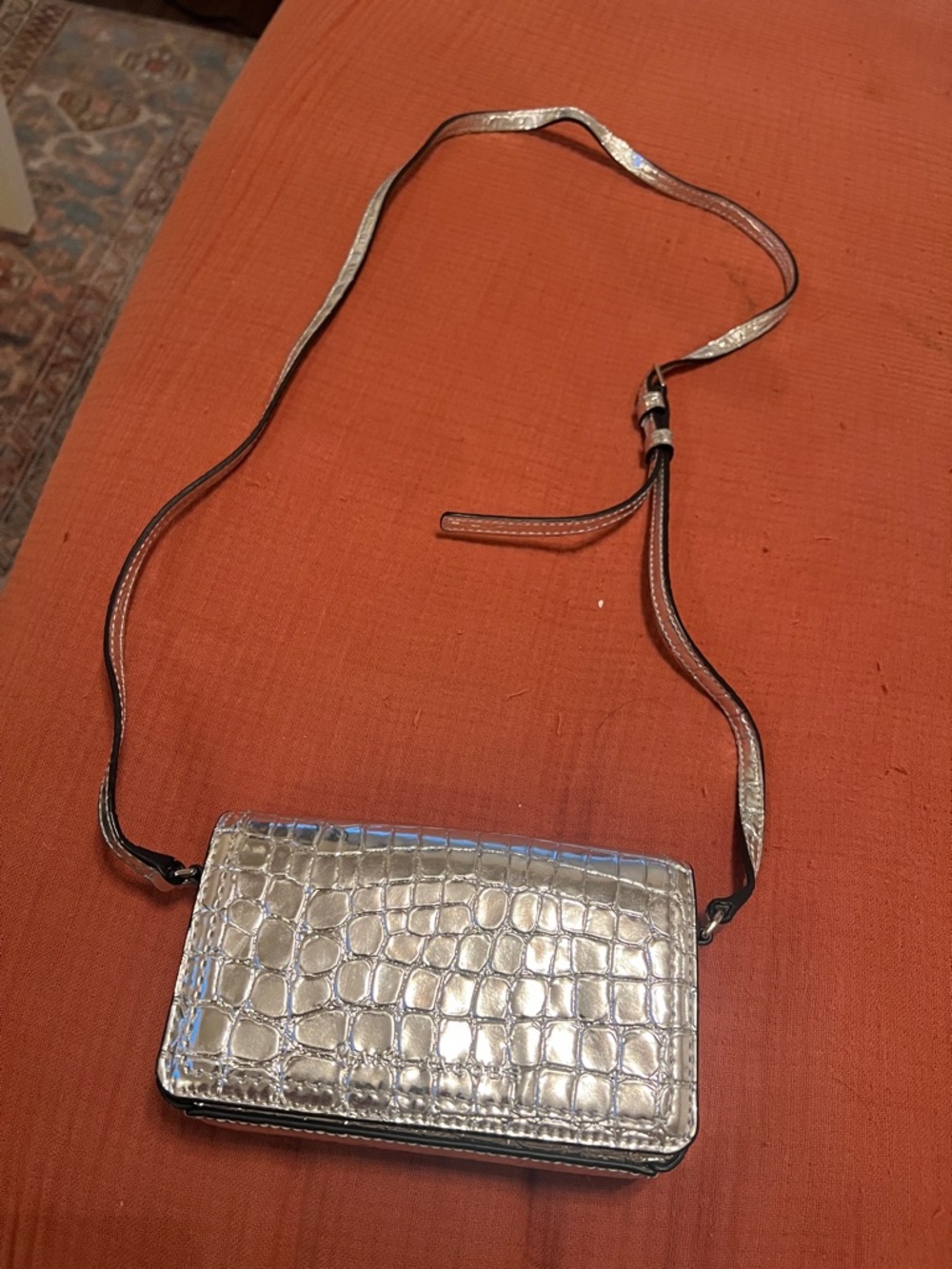 Marc Jacobs Metallic Silver Croc-Embossed Crossbody Bag